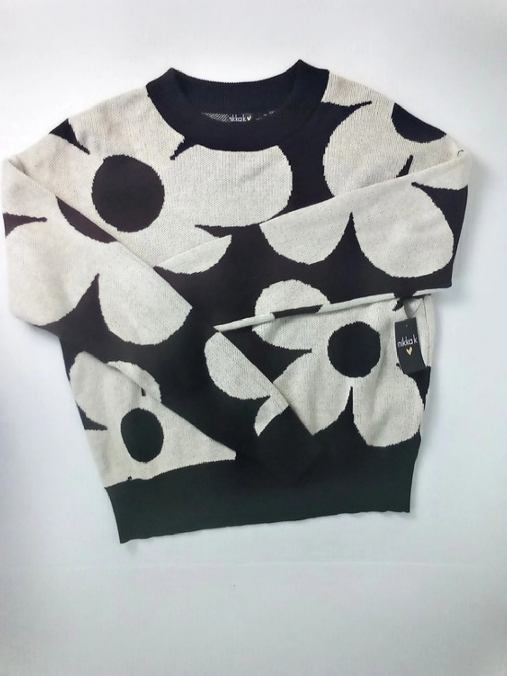 nikkak Floral Crew Neck Sweater Black & White Size XS NWT